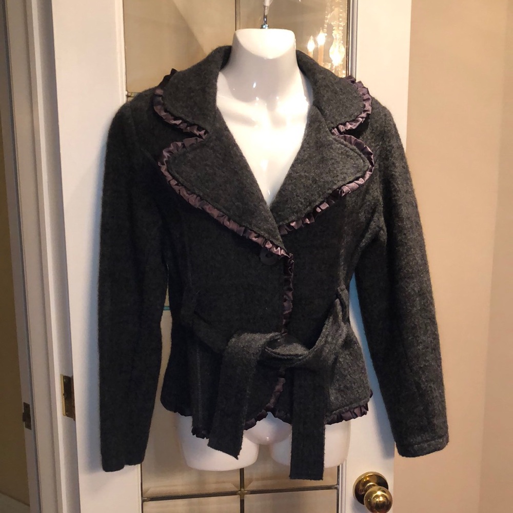 Grey Wool-Blend Ruffled Jacket